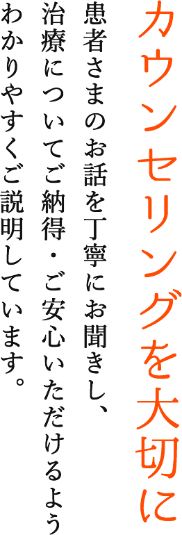 カウンセリング風景 患者さまのお話を丁寧にお聞きし、治療についてご納得・ご安心いただけるようわかりやすくご説明しています。